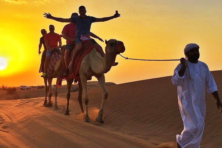 Ride into the golden desert sunset on a camel creating unforgettable memories as laughter echoes in the serene dunes. A perfect blend of adventure and tranquility awaits in Dubai.